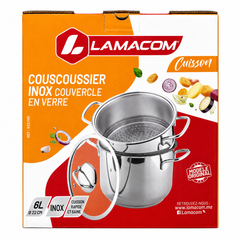 Lamacom Stainless Steel Couscoussier with Glass Lid 6L – Diameter: 22 cm