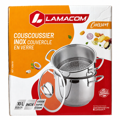 Lamacom Stainless Steel Couscoussier with Glass Lid 10L – Diameter: 26 cm