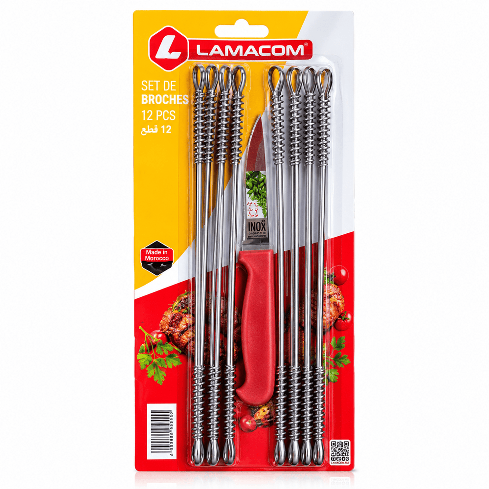 Lamacom Stainless Steel BBQ Skewer Set with Knife – 12 Pieces – Made in Morocco