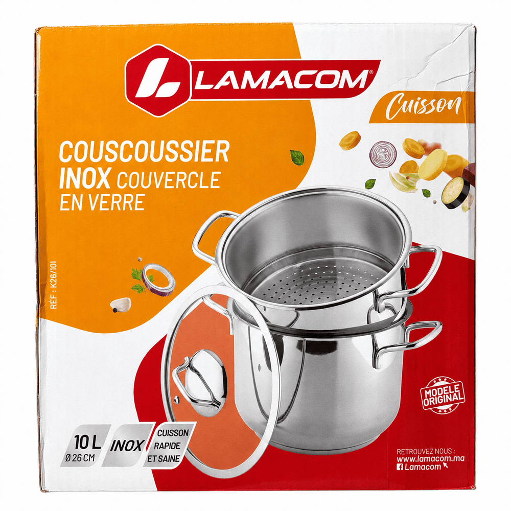Lamacom Stainless Steel Couscoussier with Glass Lid 10L – Diameter: 26 cm
