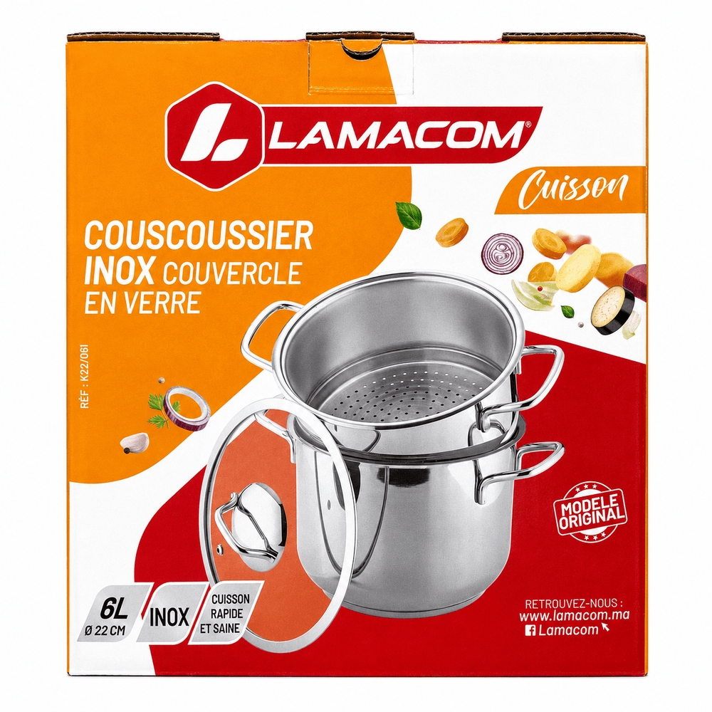 Lamacom Stainless Steel Couscoussier with Glass Lid 6L – Diameter: 22 cm