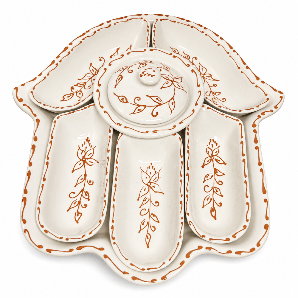 Moroccan Khmissa Ceramic Serving Tray – 35cm Decorative Appetizer & Dip Platter with Lid
