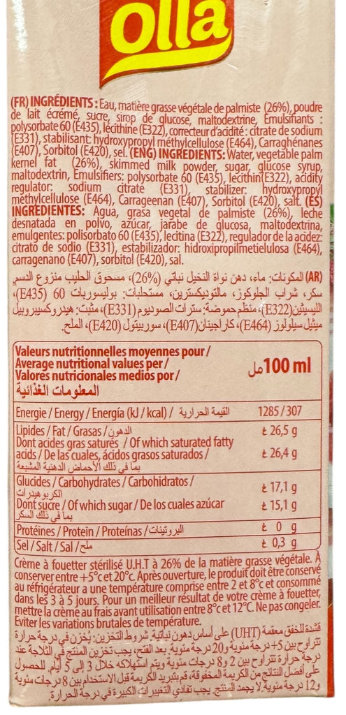 OLLA UHT Whipping Cream with vegetable oil 1L - Authentic from Zaytuna Mart Canada