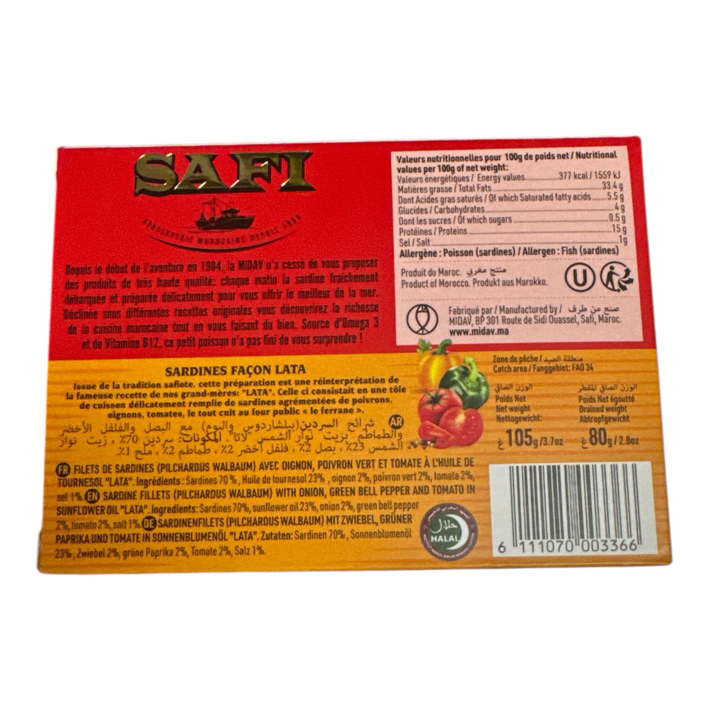 SAFI Sardine Fillets – Lata Style (Peppers, Tomato & Onion in Sunflower Oil) - 105g - Authentic from Zaytuna Mart Canada