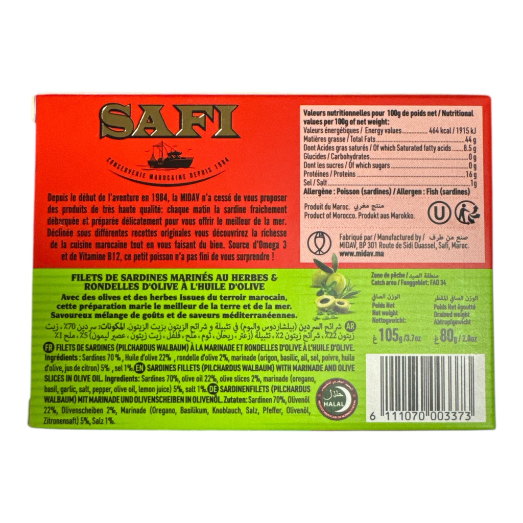 SAFI Sardine Fillets with Herbs & Olive Slices in Olive Oil 105g - Authentic from Zaytuna Mart Canada
