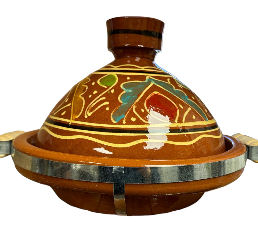 Tagine Moroccan Clay Pot Decorated with Metal Belt & wood handle 25 cm