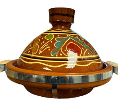 Tagine  Moroccan Clay Pot Decorated  with Metal Belt & wood handle 25 cm